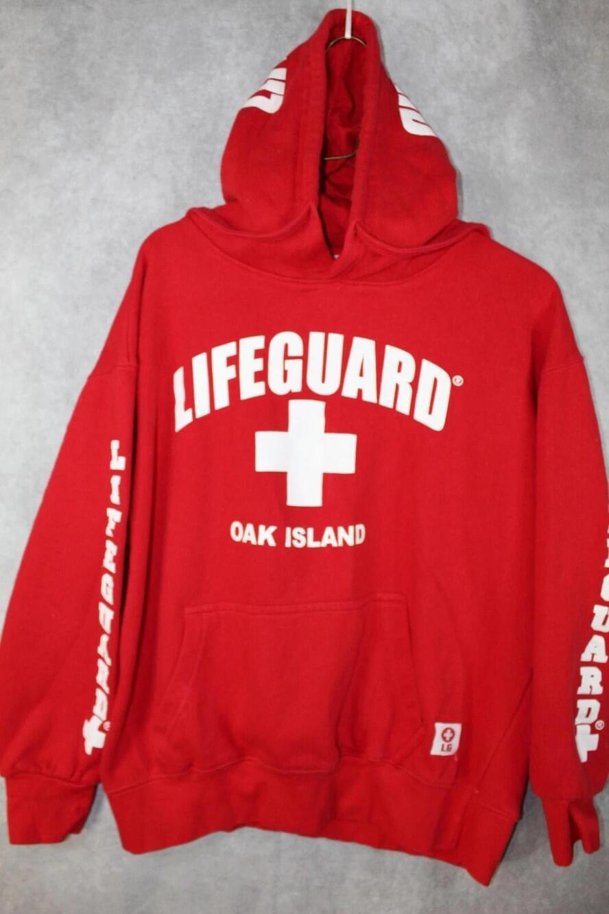 Lifeguard Hoodie Mens M Red Pullover Fleece Oak Island Graphic Hooded Pockets